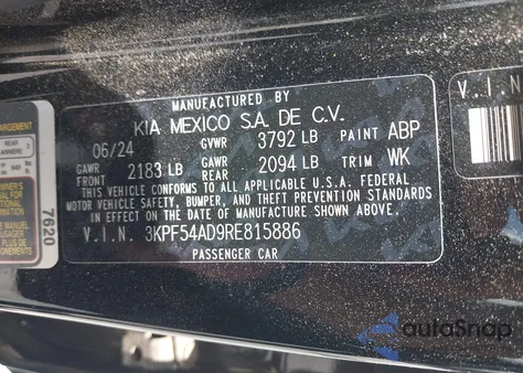 2024 Kia Forte Gt-Line из США, поврежденный, VIN 3KPF54AD9RE815886